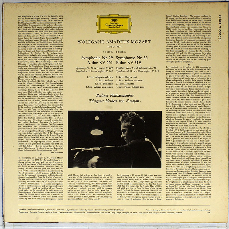 Mozart, Karajan / Symph # 29, 33 / Deutsche Gramm 139002 []