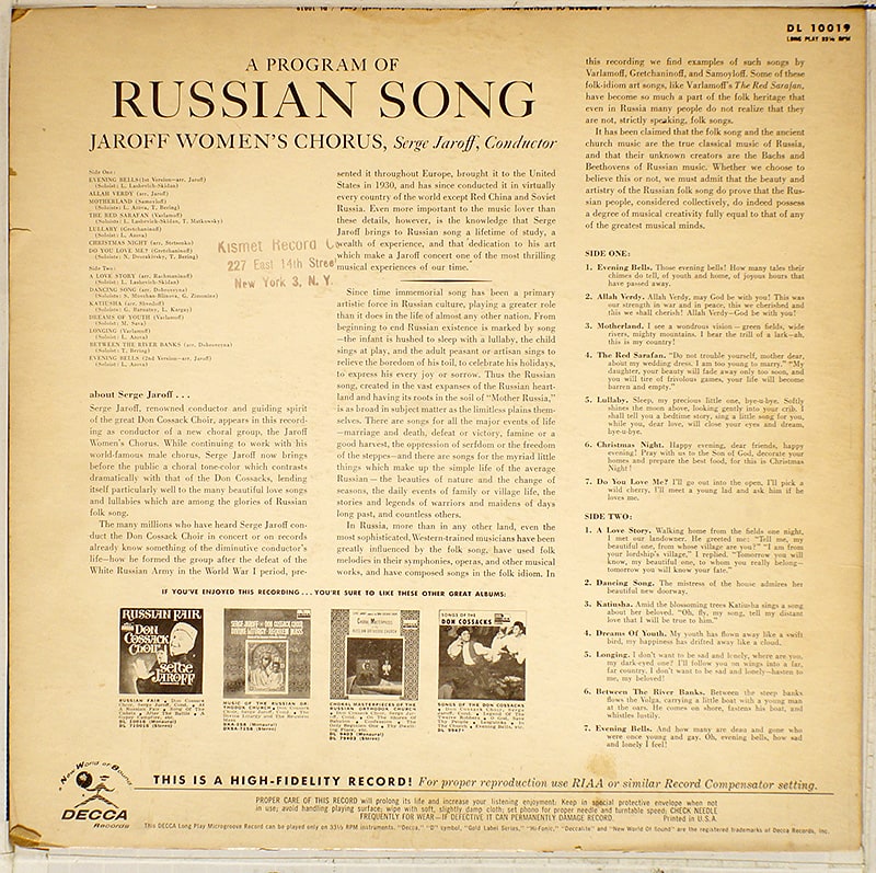 A Program Of Russian Songs (Serge Jaroff Women`s Chorus) / Decca DL 10019  [J2]