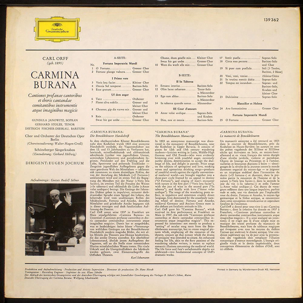 Carmina Burana / By Carl Orf (EX/VG) gatefold +booklet [J5] USA 