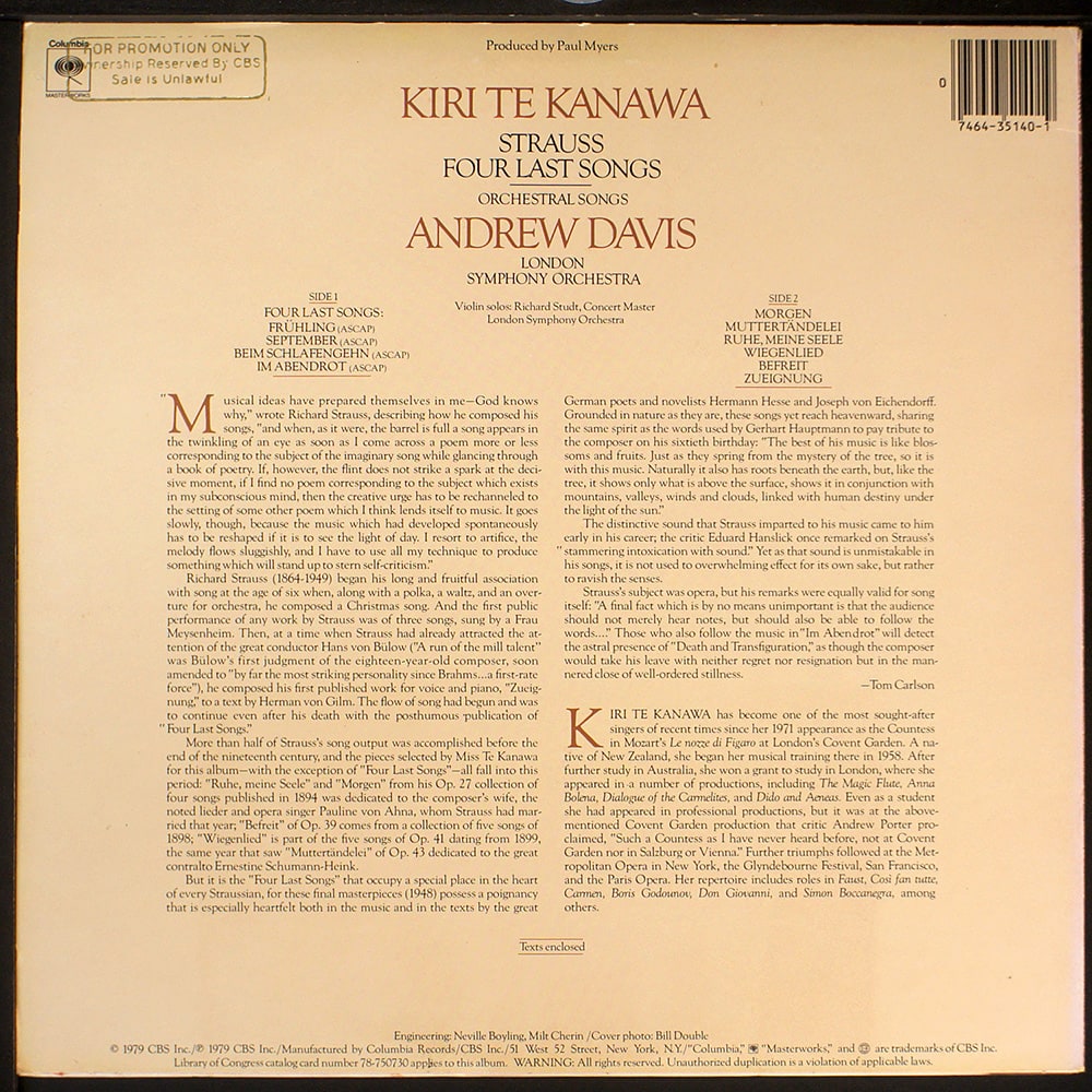 Kiri Te Kanawa / Strauss Four Last Songs (EX/EX) [F3] WHITE PROMO